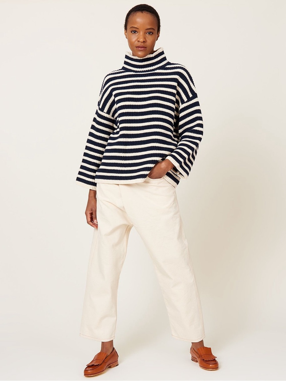 Demylee || Olyvia Stripe Turtleneck Sweater Knit Navy Blue Natural Ivory Small‎